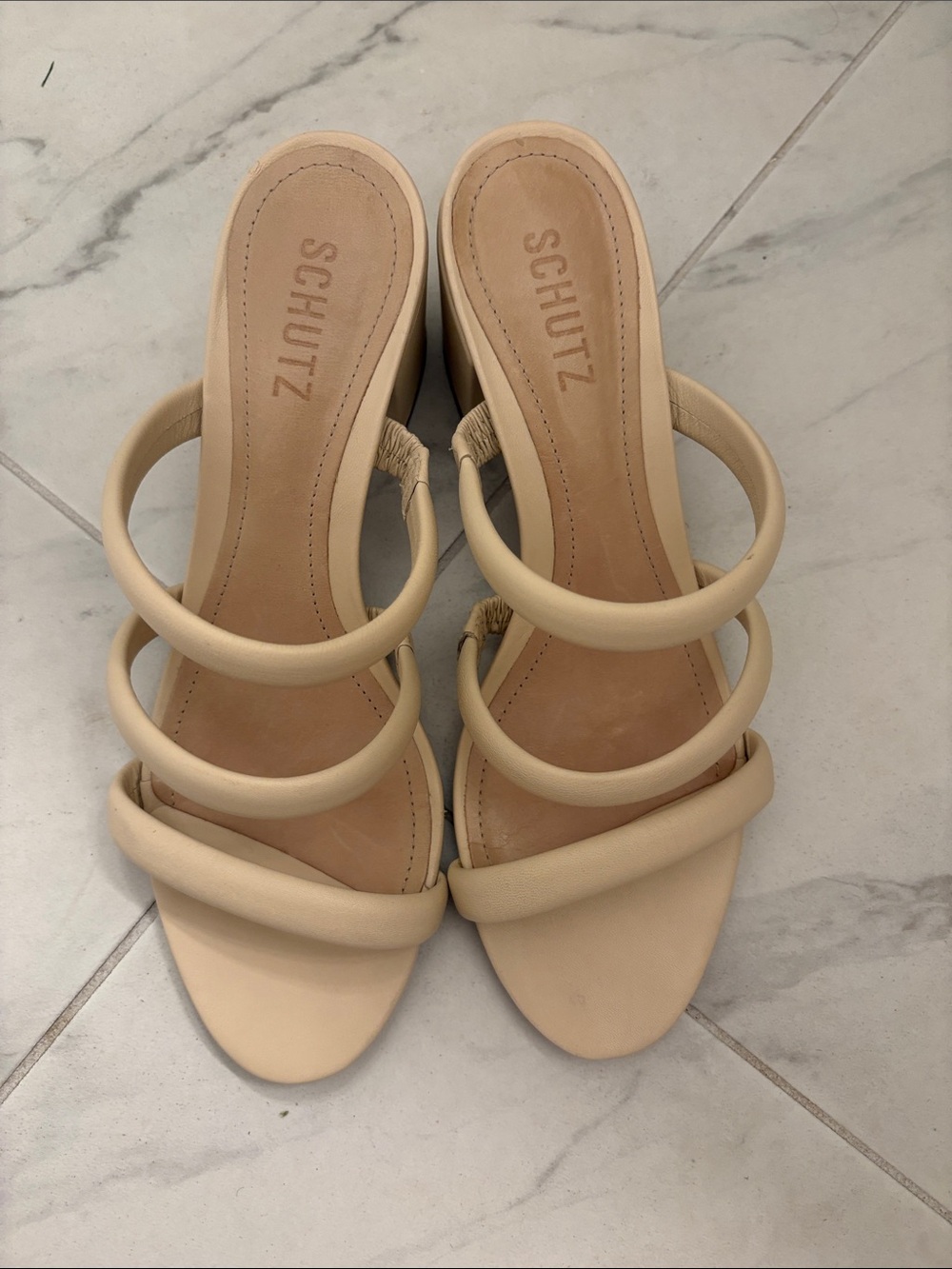 SCHUTZ Neutral Triple-Strap Slide Heels